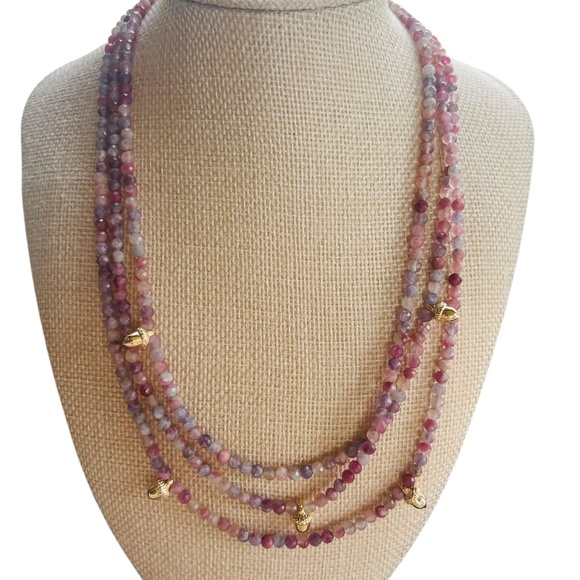 Pink Tourmaline Beaded necklace with gold acorns